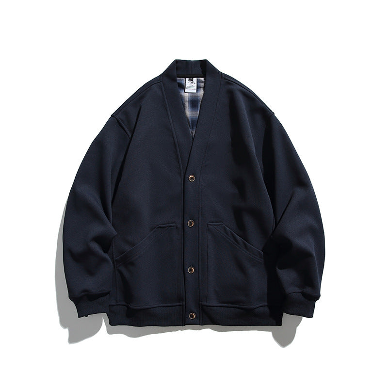 Unisex Boxy-Cardigan Jacket with V-neck, patch pockets and checked lined interior Amarae