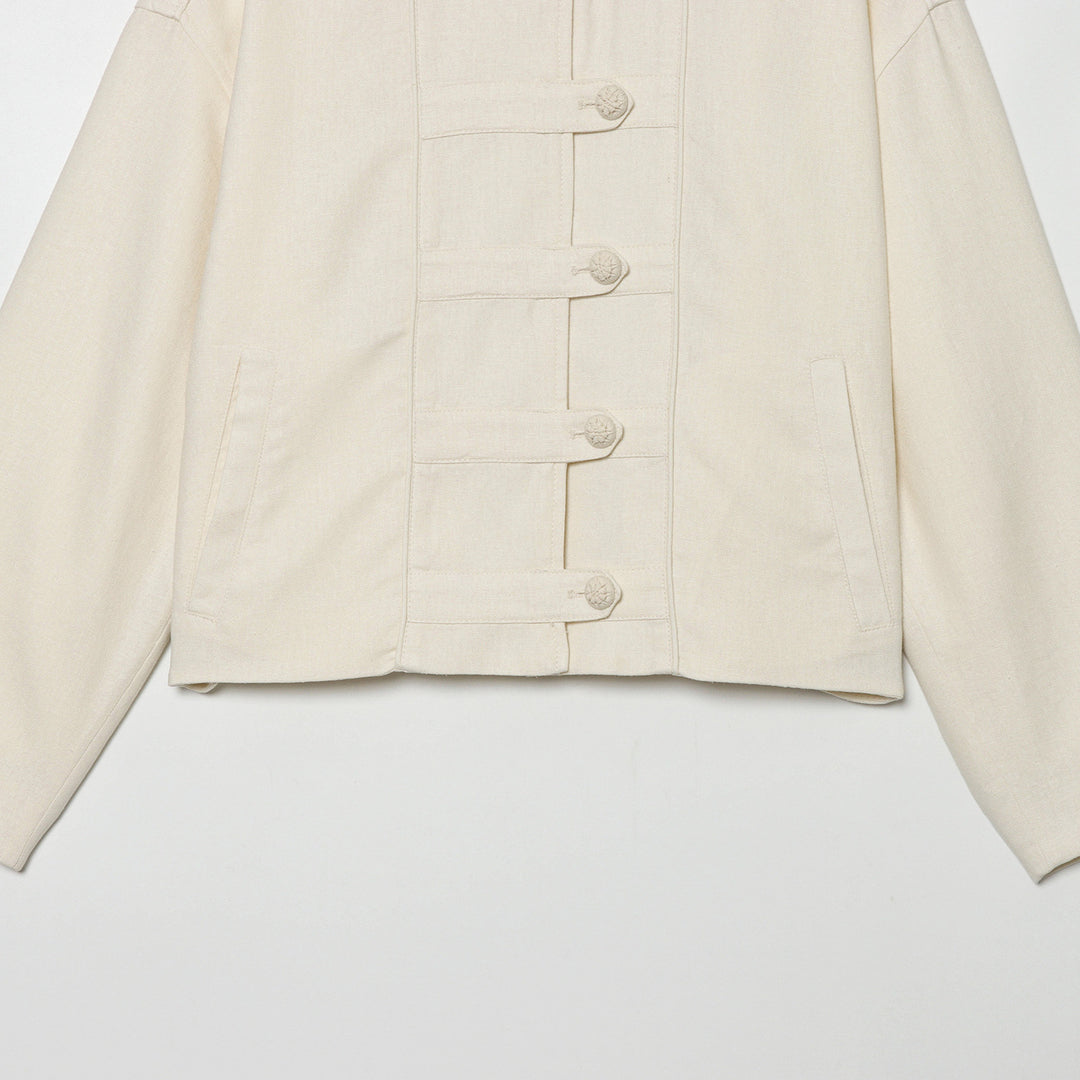 Women's Cropped Jacket with Stand-up Collar and Decorative Knot Buttons Amarae