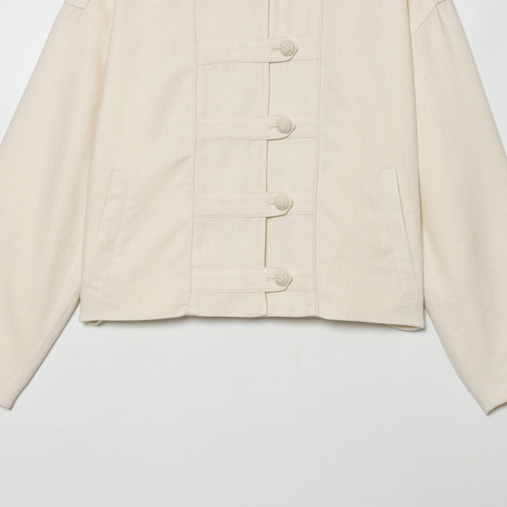 Women's Cropped Jacket with Stand-up Collar and Decorative Knot Buttons Amarae