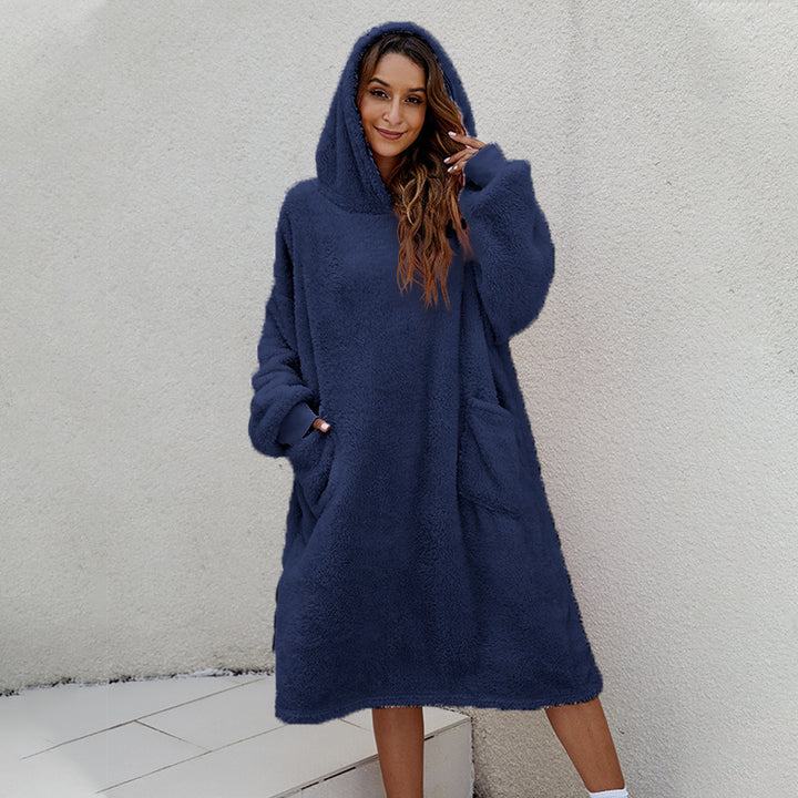 Comfortable fleece hoodie dress for women with practical pockets and large hood Lune London