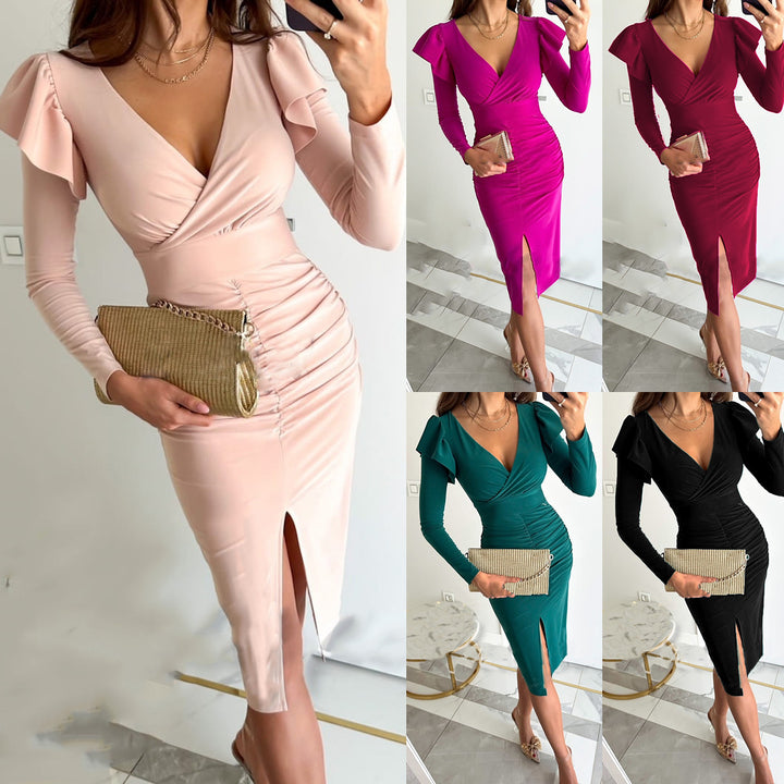 Elegant dress for women with gathers and slit Lune London
