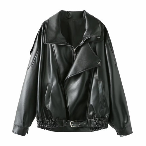 Ladies elegant faux leather jacket with high collar and belt at the waist Amarae