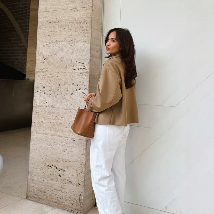 Women's short A-line coat jacket with stand-up collar and asymmetrical button placket Amarae