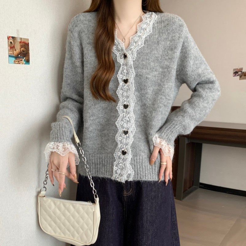 Knit jacket for women with lace accents and heart-shaped buttons Lune London