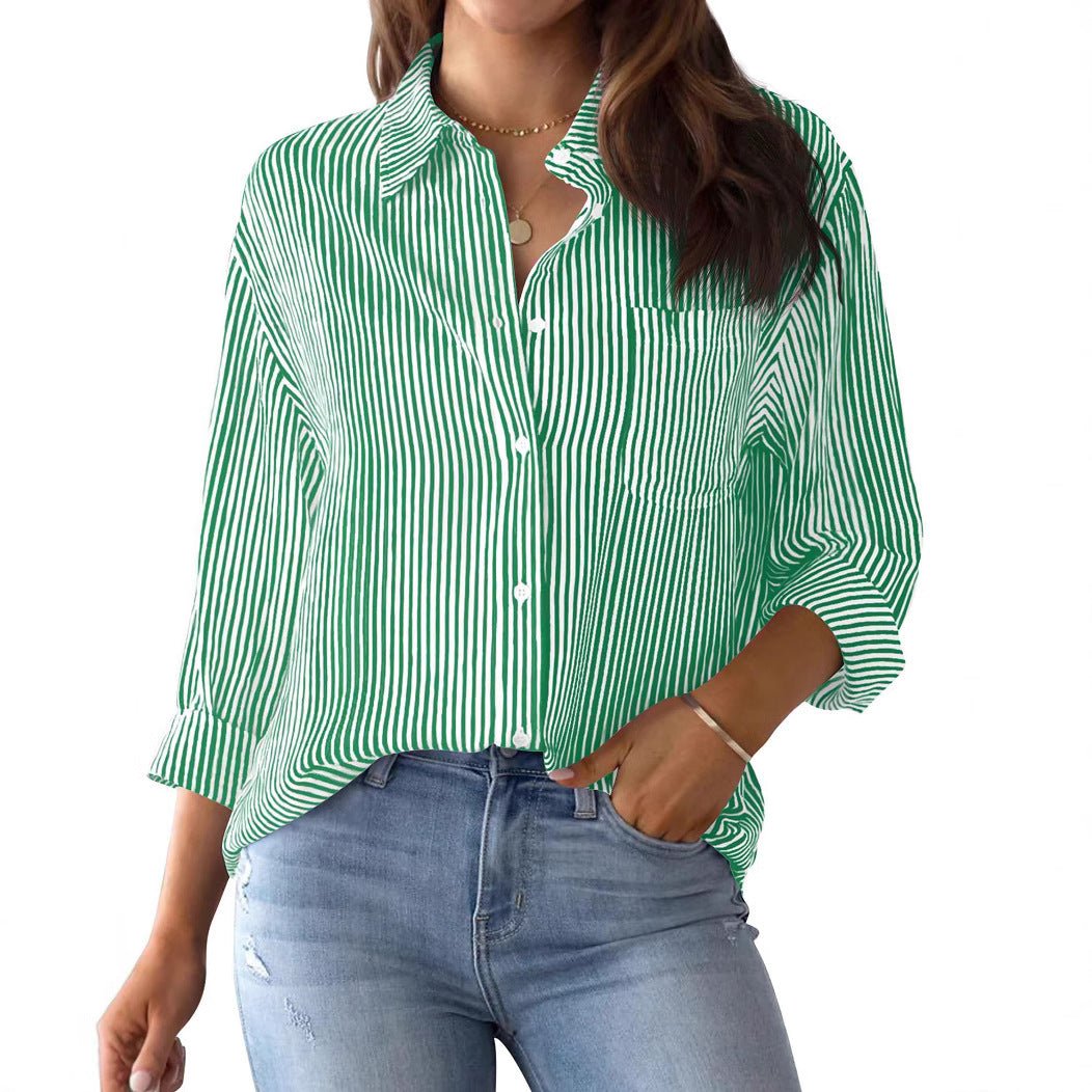 Ladies Loose Striped Shirt with Chest Pocket and Roll-up Sleeves Lune London