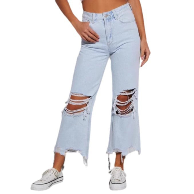 Ladies casual boyfriend jeans with eye-catching destroyed details and wide leg Lune London
