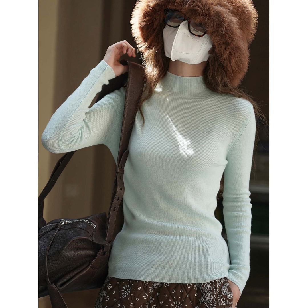 Women's Figure-Hugging Ribbed Knit Sweater with Short Stand-Up Collar and Extended Sleeves Amarae