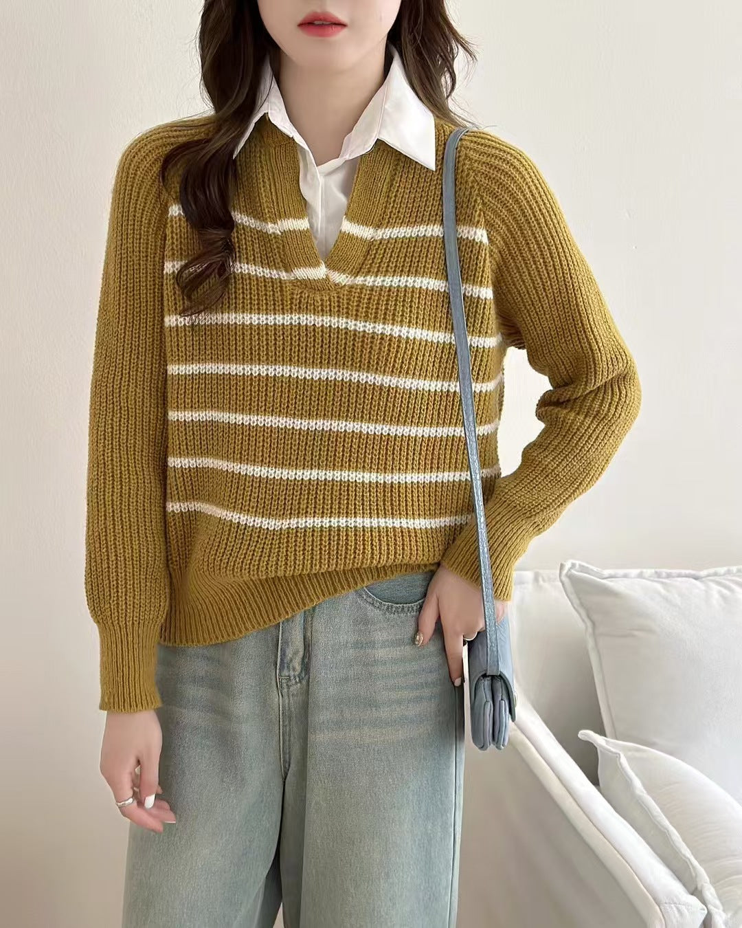 Knit sweater for women with V-neck and striped design Lune London