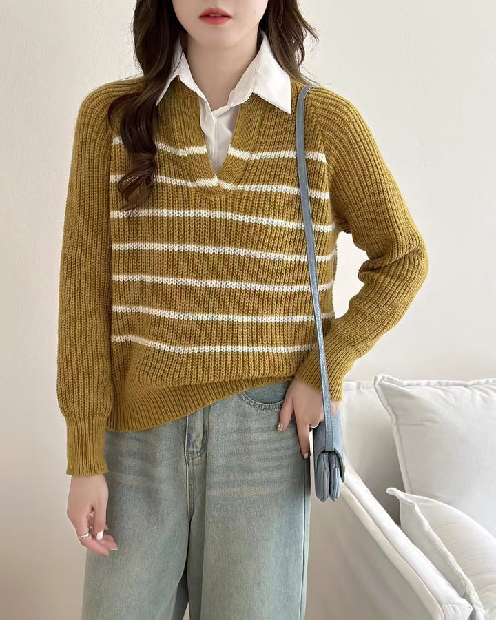Knit sweater for women with V-neck and striped design Lune London