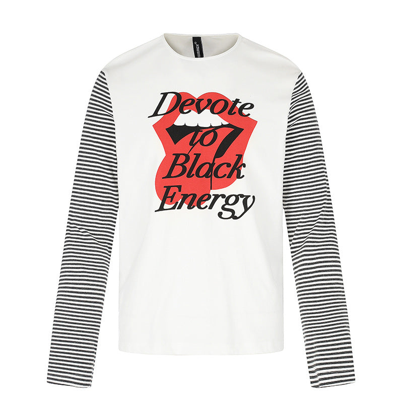 Men's Long Sleeve Shirt with Contrast Stripe Sleeves and Large Lip Statement Print Amarae