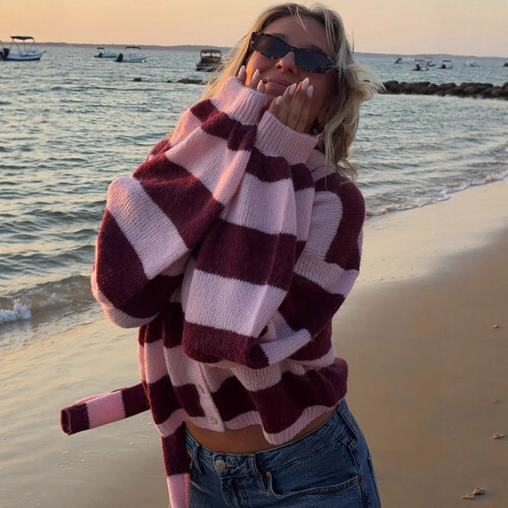 Women's Oversized Knit Cardigan Set with Block Stripes, Button Placket and Matching Scarf Amarae
