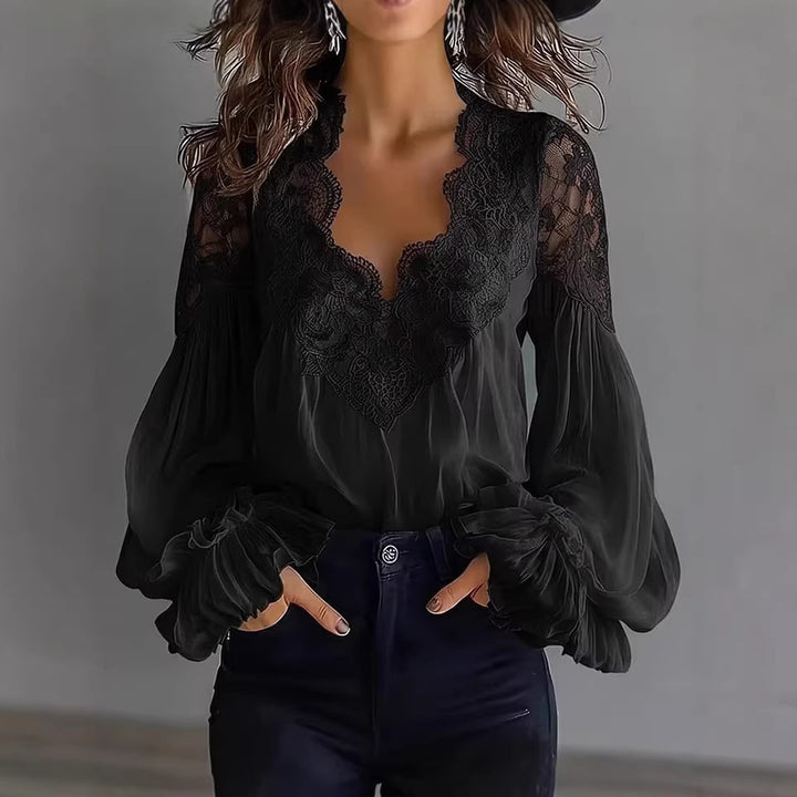 Women's Flowing Blouse with Lace Applications and Long Ruffle Sleeves Lune London