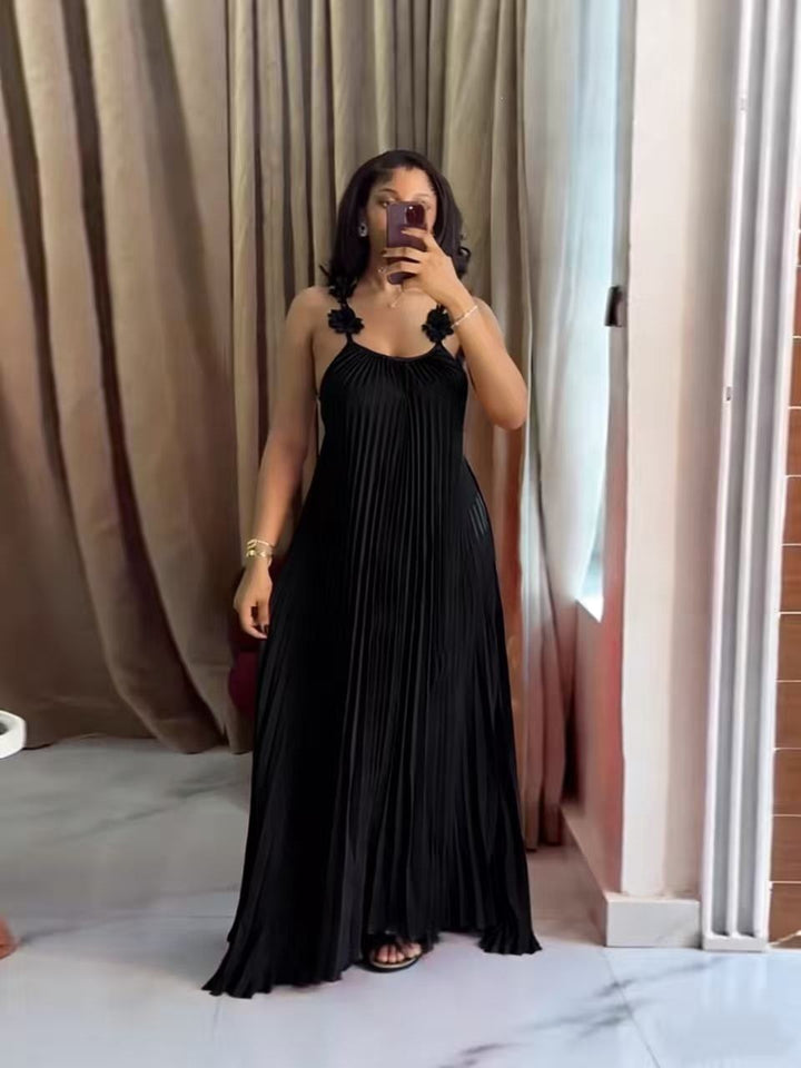 Women Elegant Maxi Dress with Casual Pleats and Decorative Shoulder Flowers Lune London
