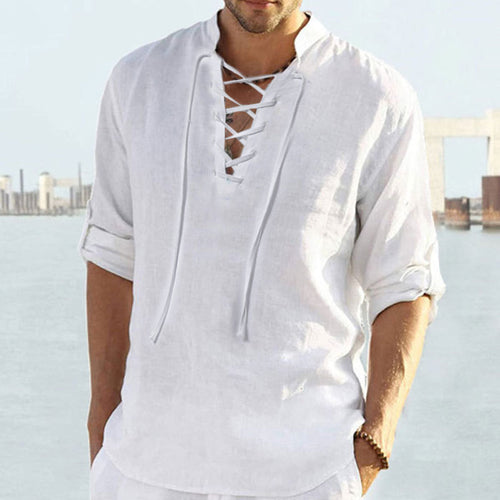 Airy linen shirt for men with decorative lace-up closure Amarae