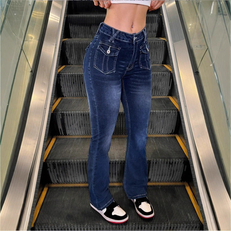Women's High-Waisted Stretch Jeans with Light Flare and Decorative Pockets Amarae