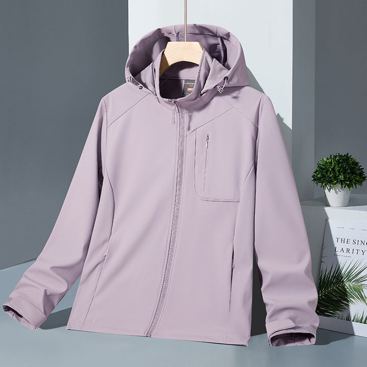 Women Light Softshell Hoodie Jacket with wind and water repellent membrane and chest zip pocket Amarae