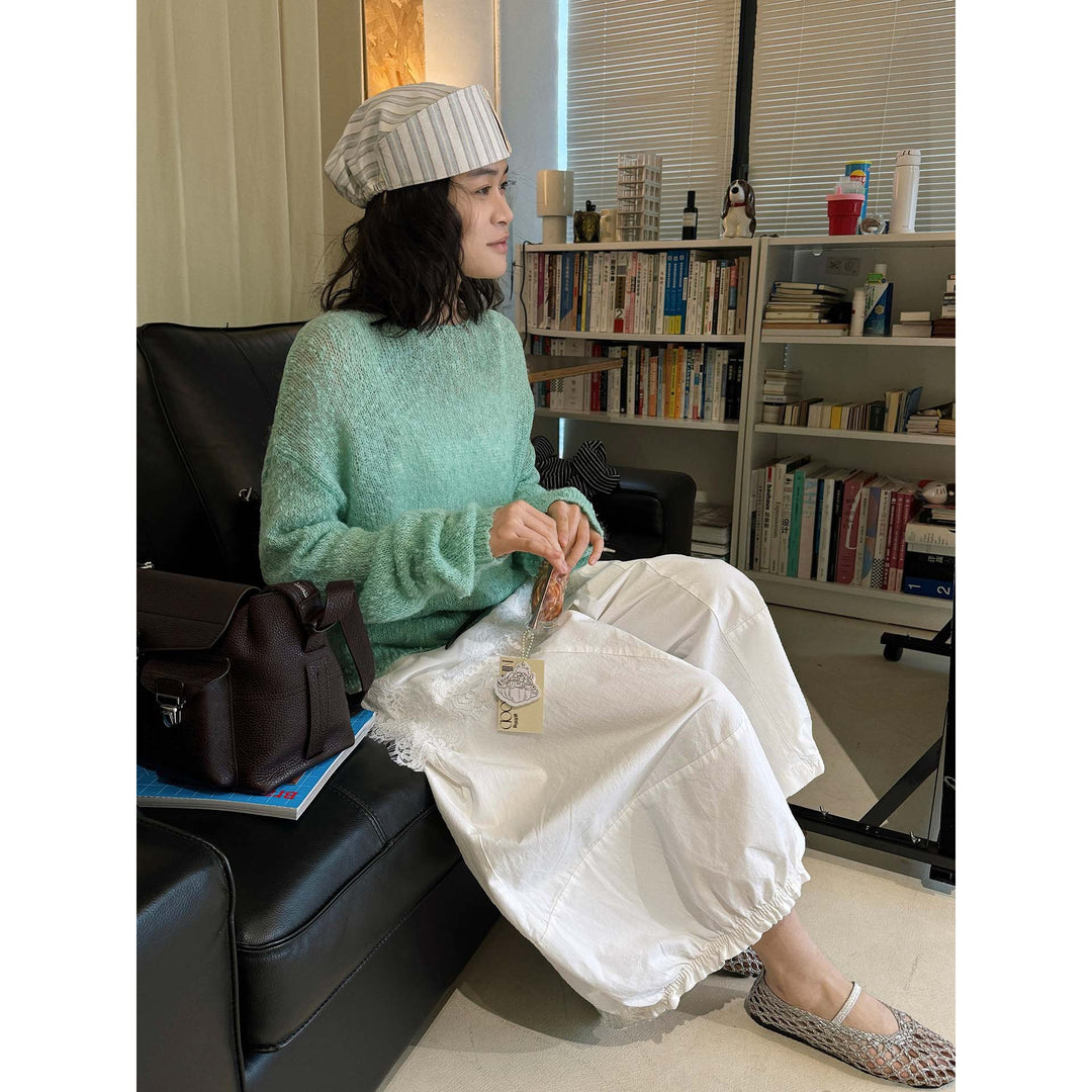 Ladies Airy Mohair-Mix Sweater with Soft Fuzzy Look and Dropped Shoulder Dropp