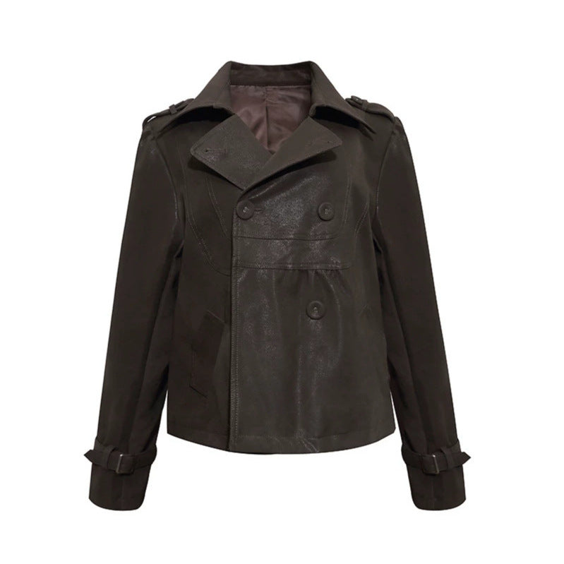 Women's Cropped Double-Breasted Leather Jacket in Trench Style with Epaulettes Amarae