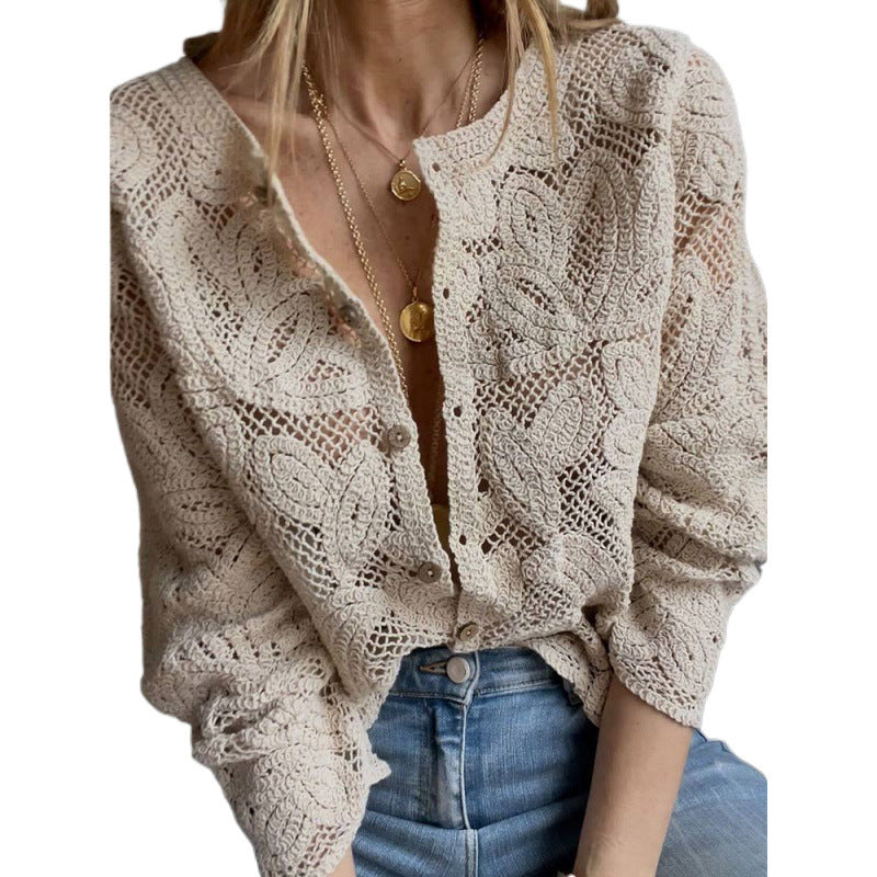Women's Crochet Cardigan with Floral Openwork Pattern, Button Placket & Wavy Hem Amarae