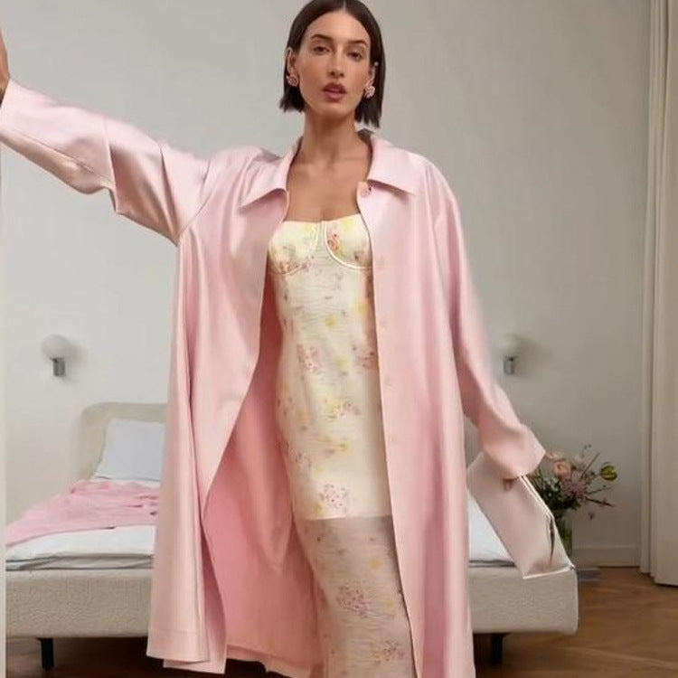Women’s lightweight satin-like long coat in oversized cut with wide lapels Amarae