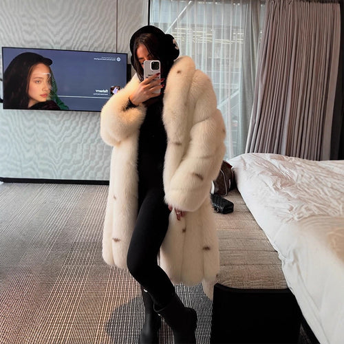 Women longer vegan faux fur coat with hood and voluminous fur collar Amarae