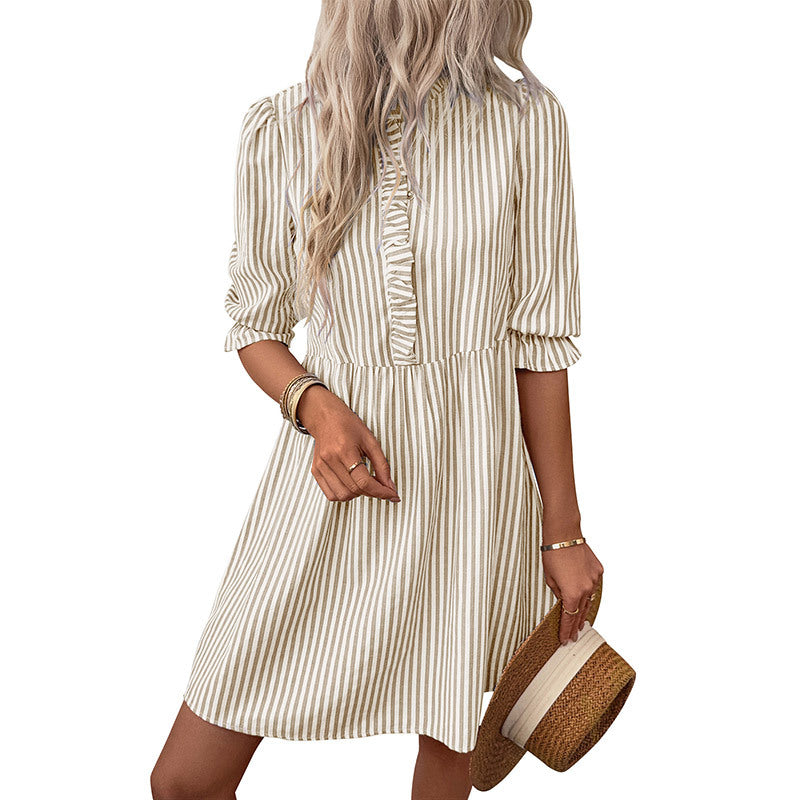 Chic Striped Ruffled Button Mini Dress for Women