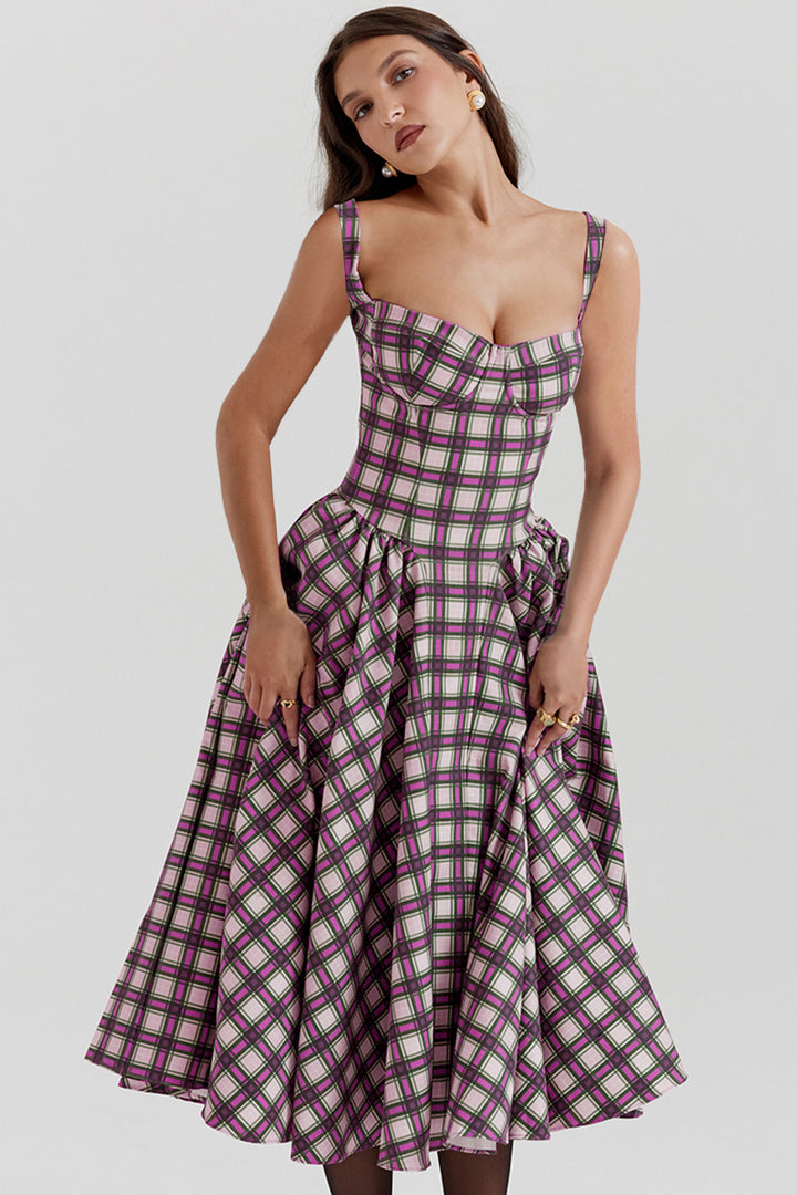 Women's midi dress in check pattern with textured bodice and voluminous skirt Lune London