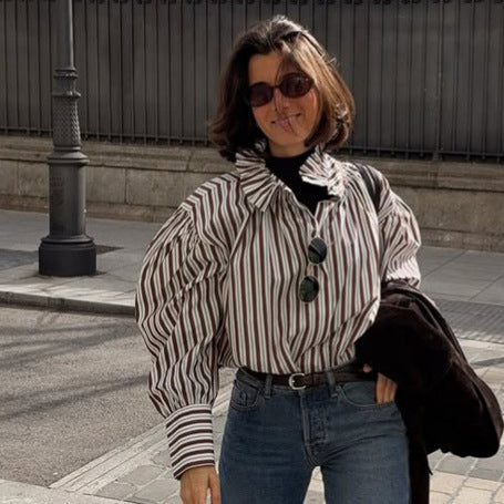 Women Striped Oversized Blouse with Ruffled Collar & Voluminous Puff Sleeves Amarae