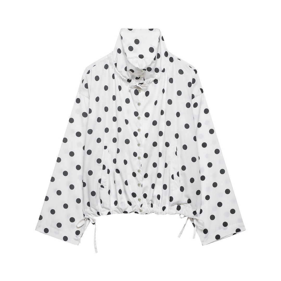 Women's lightweight blouse in polka dot design with stand-up collar, drawstring hem and button placket Amarae