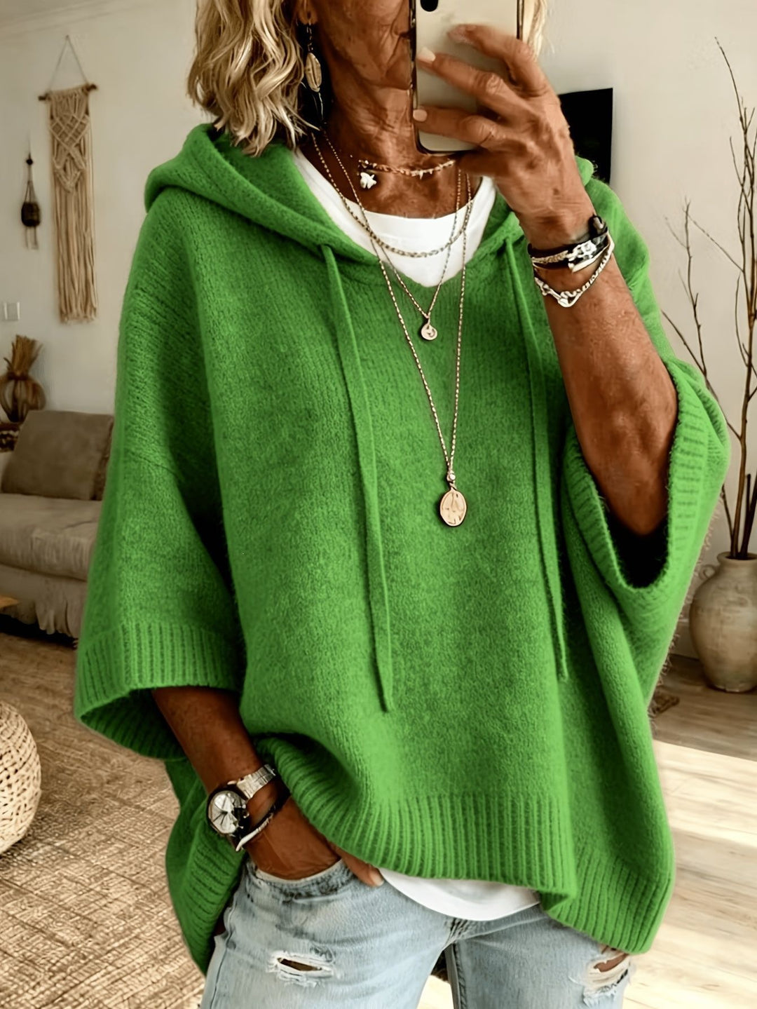 Ladies Oversized Knit Poncho with Hood, Batwing Sleeves and Side Slits Amarae