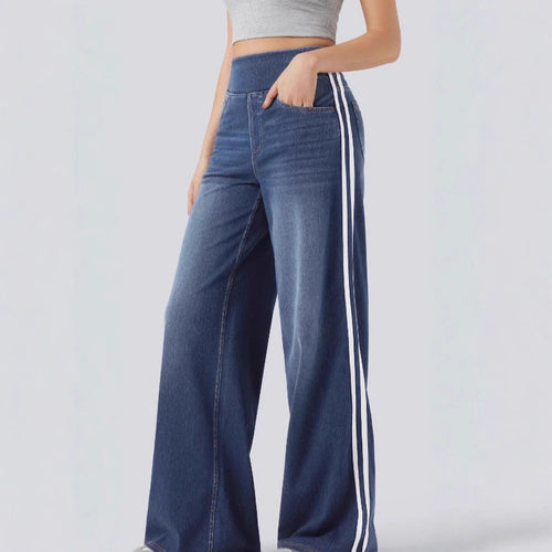 Wide denim pants for women with side stripe and high waist Amarae
