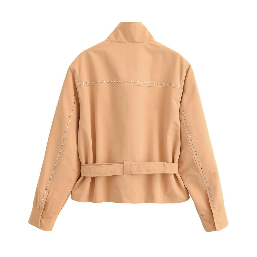 Women's short jacket with studded detailing, stand-up collar and belted waist Amarae