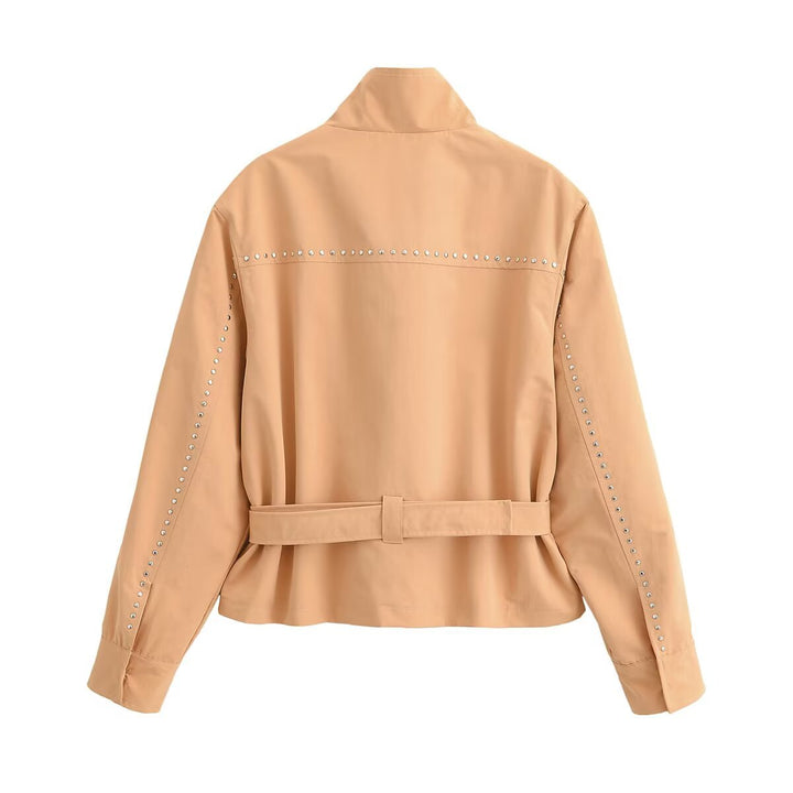 Women's short jacket with studded detailing, stand-up collar and belted waist Amarae