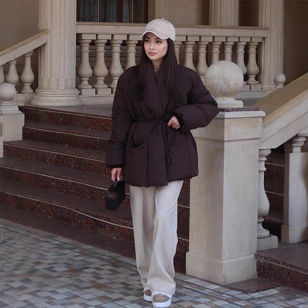 Women's Quilted Tailored Quilted Jacket with Shawl Collar and Tie Belt Amarae