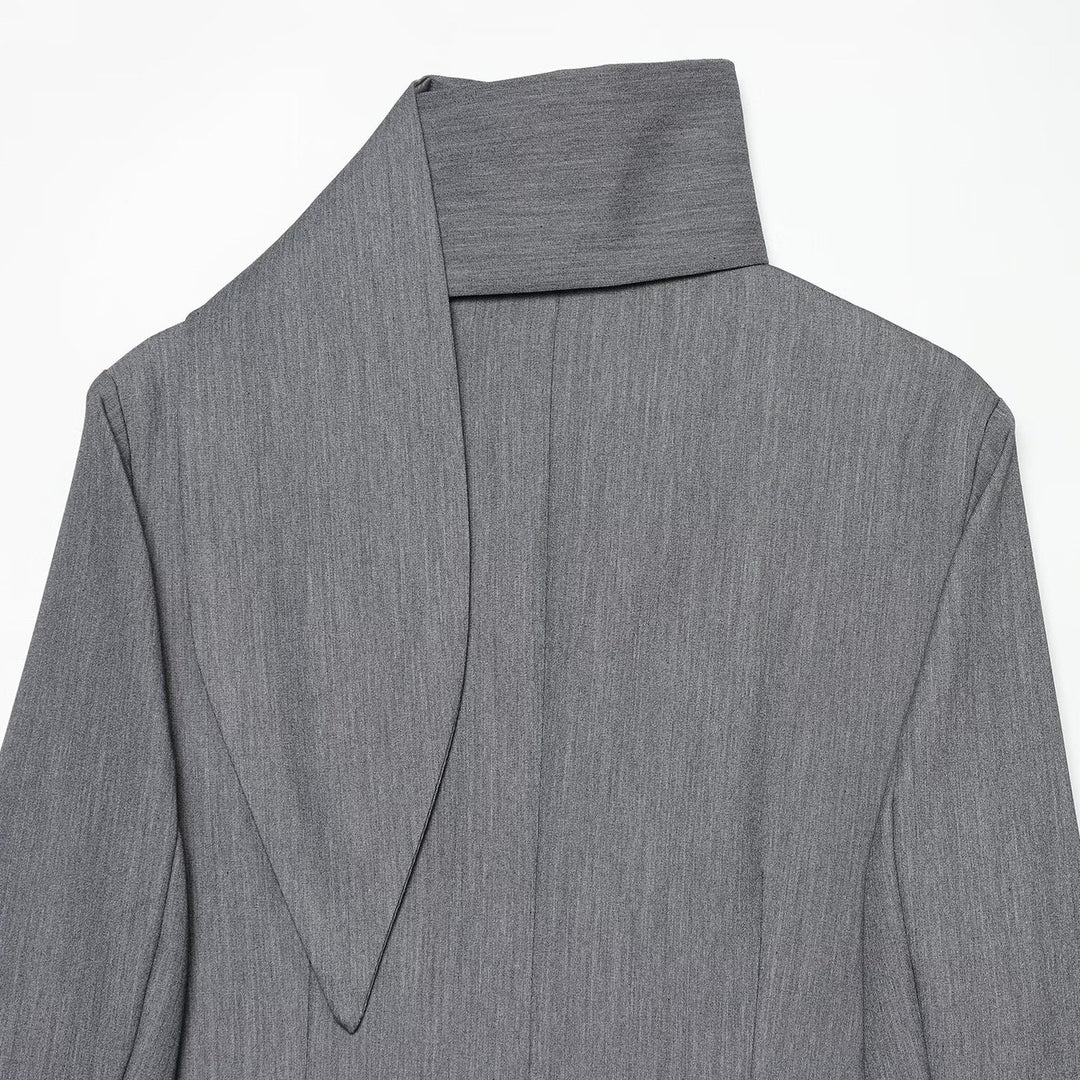 Women's Elegant Longline Blazer with High Funnel Collar and Overlapping Fabric Buttons Amarae