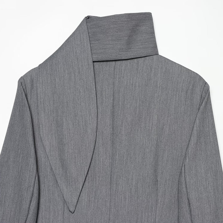 Women's Elegant Longline Blazer with High Funnel Collar and Overlapping Fabric Buttons Amarae