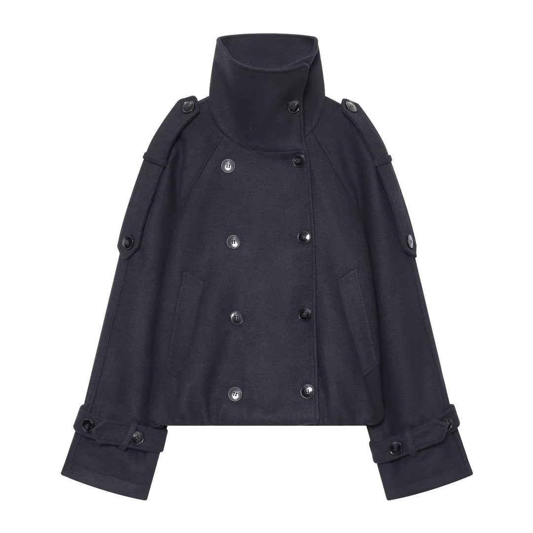 Women's Short Double-Breasted Cape Coat with High Stand Collar and Epaulettes Amarae