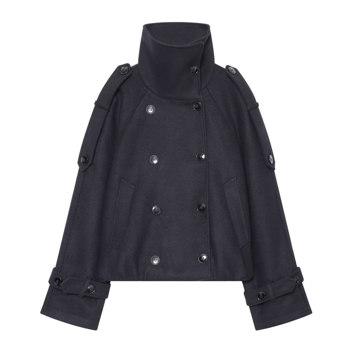 Women's Short Double-Breasted Cape Coat with High Stand Collar and Epaulettes Amarae