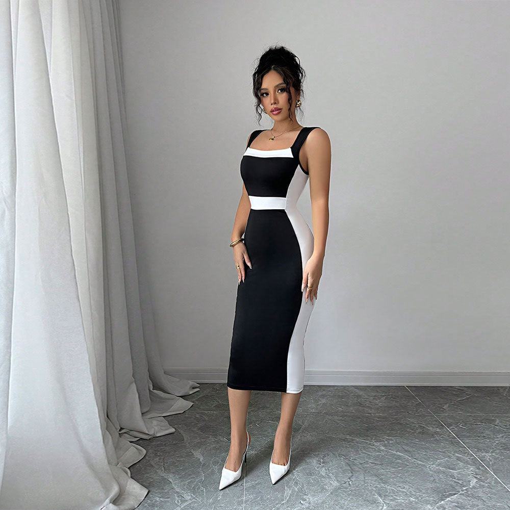 Robe midi ajustée pour femmes avec une coupe contrastée à la mode et des bretelles fines Chic & Stil