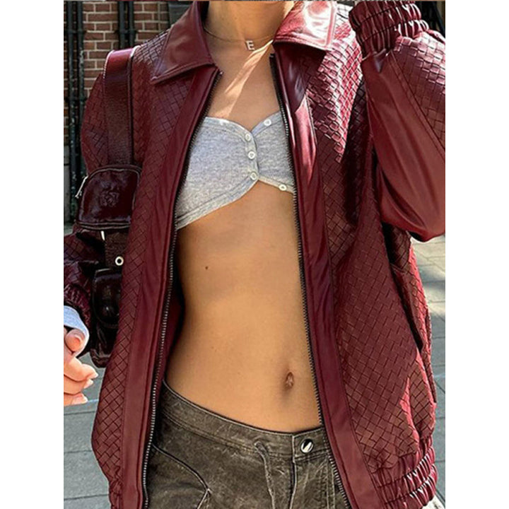 Women's Braided Faux Leather Bomber Jacket in Boxy Cut with Zipper Amarae