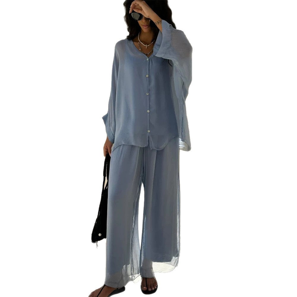 Women's Three-Piece Loungewear Set made of light viscose with oversized blouse, top and wide palazzo pants Amarae