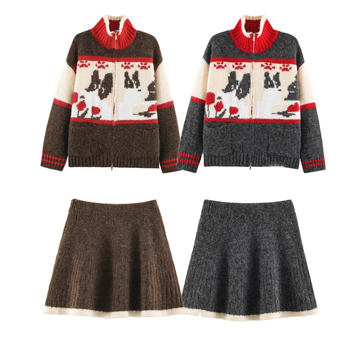 Women's Knit Two-Piece with Zipper Jacket and Flared Wool Blend Skirt Amarae