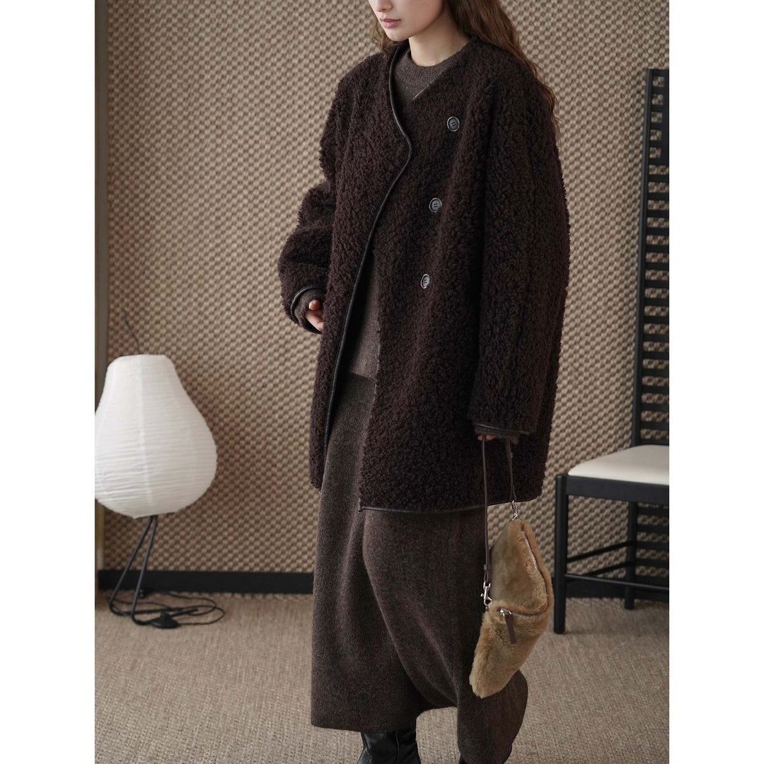 Women Short Jacket Teddy Fleece with Button Front and Contrasting Edge Finish Amarae