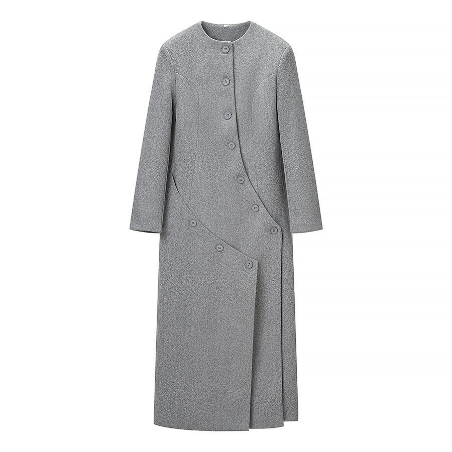 Women's Longer Tailored Wool Blend Coat with Asymmetrical Button Placket and Round Neck Amarae