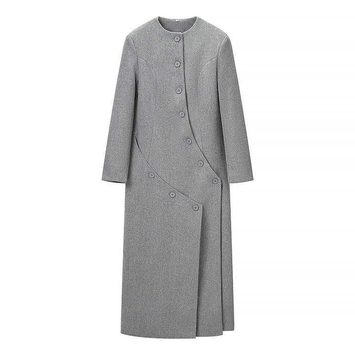 Women's Longer Tailored Wool Blend Coat with Asymmetrical Button Placket and Round Neck Amarae