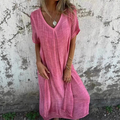 Casual maxi dress for women in lightweight fabric with V-neck and short sleeves Amarae
