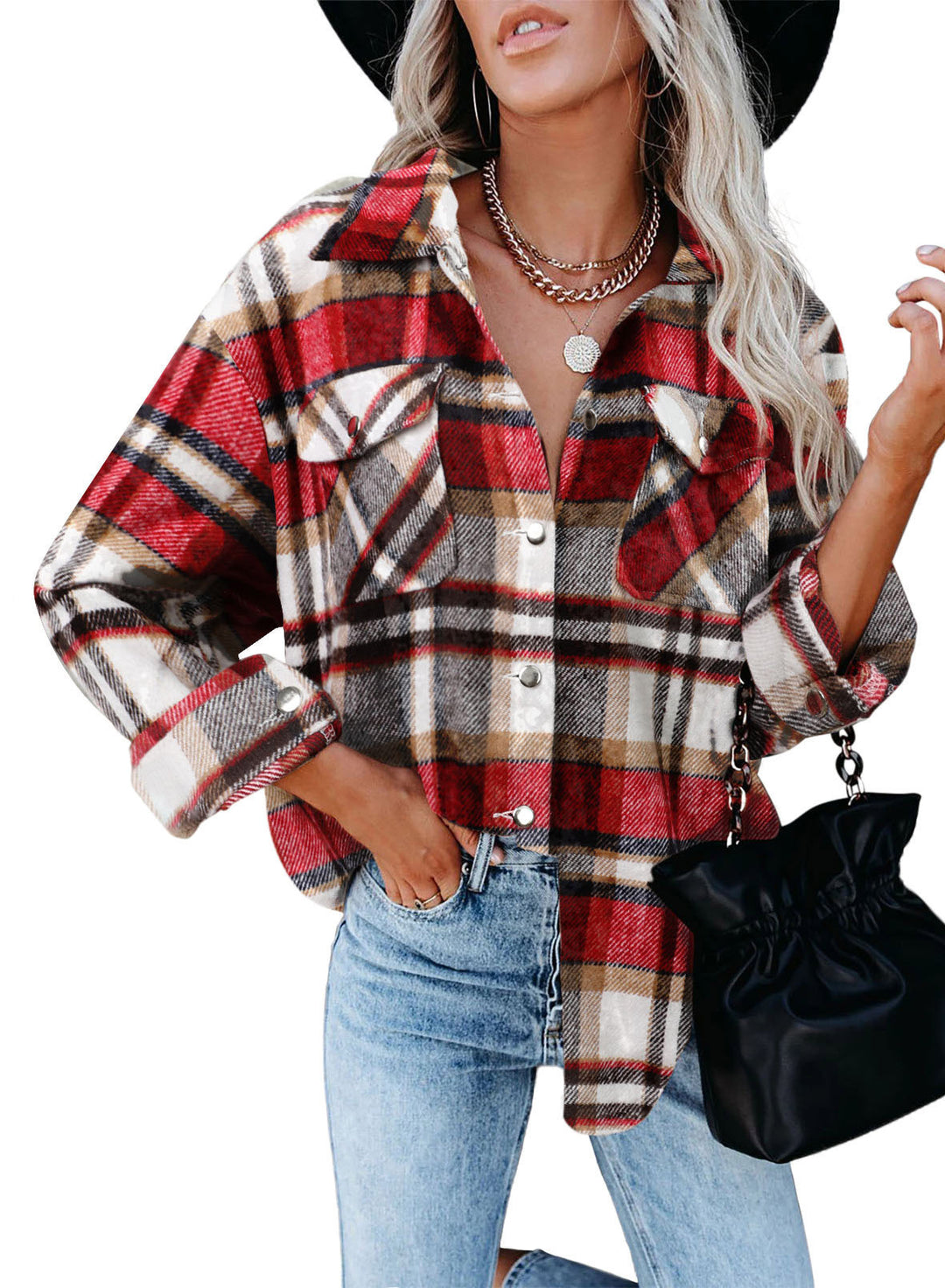 Plaid oversized women's jacket with snap button closure Lune London