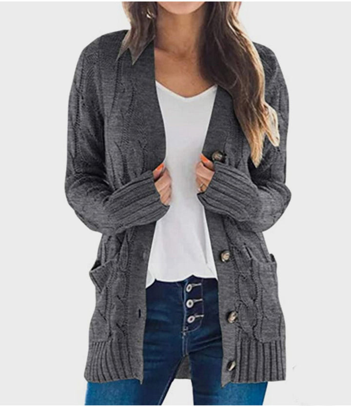 Knitted cardigan for women with cable pattern and practical pockets Lune London