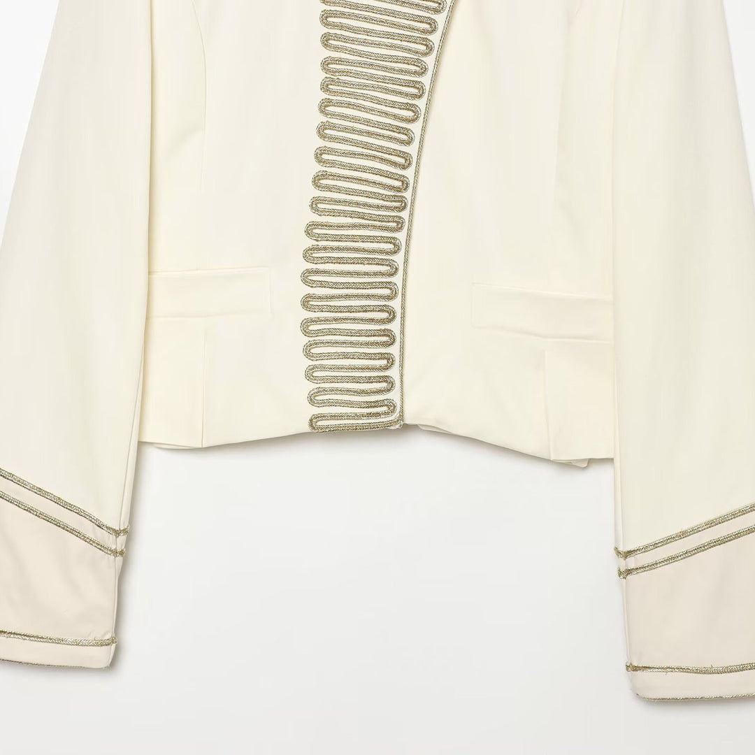 Women's Military Style Short Blazer with Decorative Trim and Stand-Up Collar Amarae