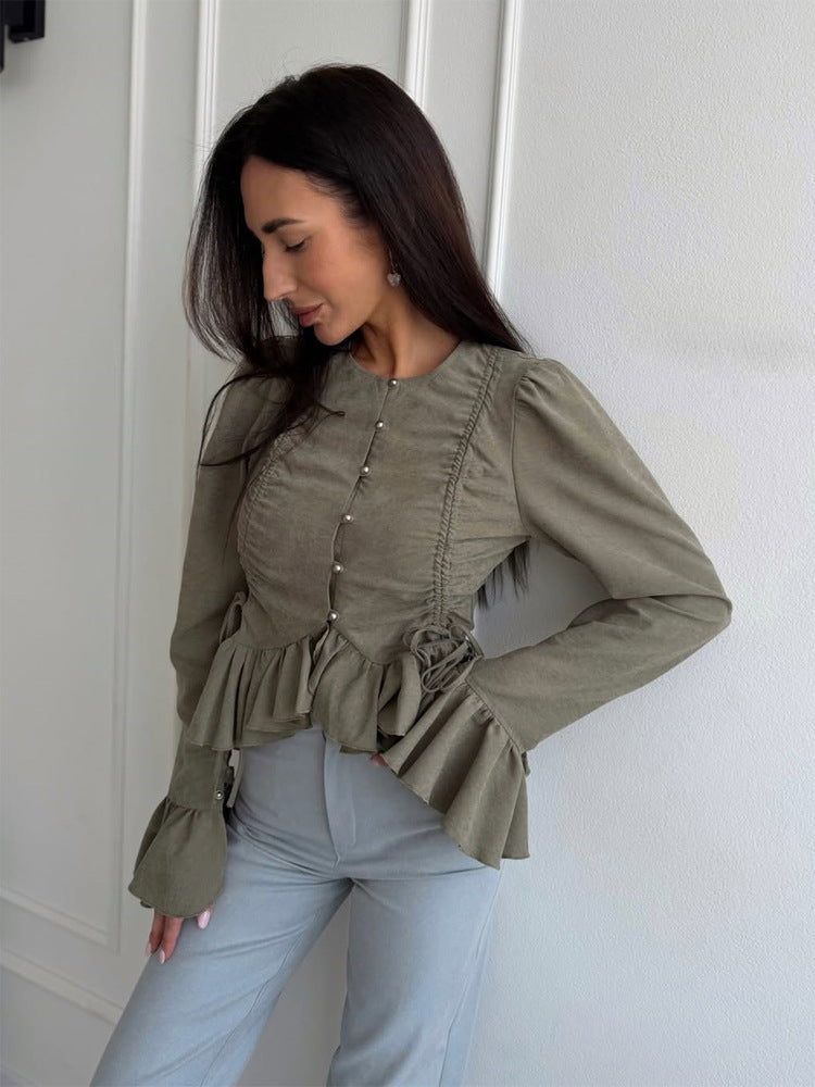 Women's Ruffled Fitted Blouse with Peplum & Puff Sleeves Amarae